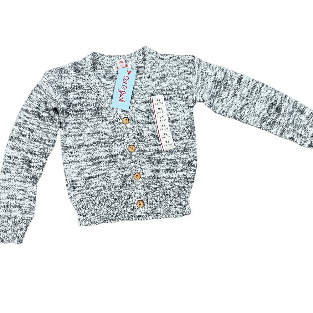 Cat & Jack Girls' Gray and White V-Neck Button-Down Cardigan - Size XS - NWT